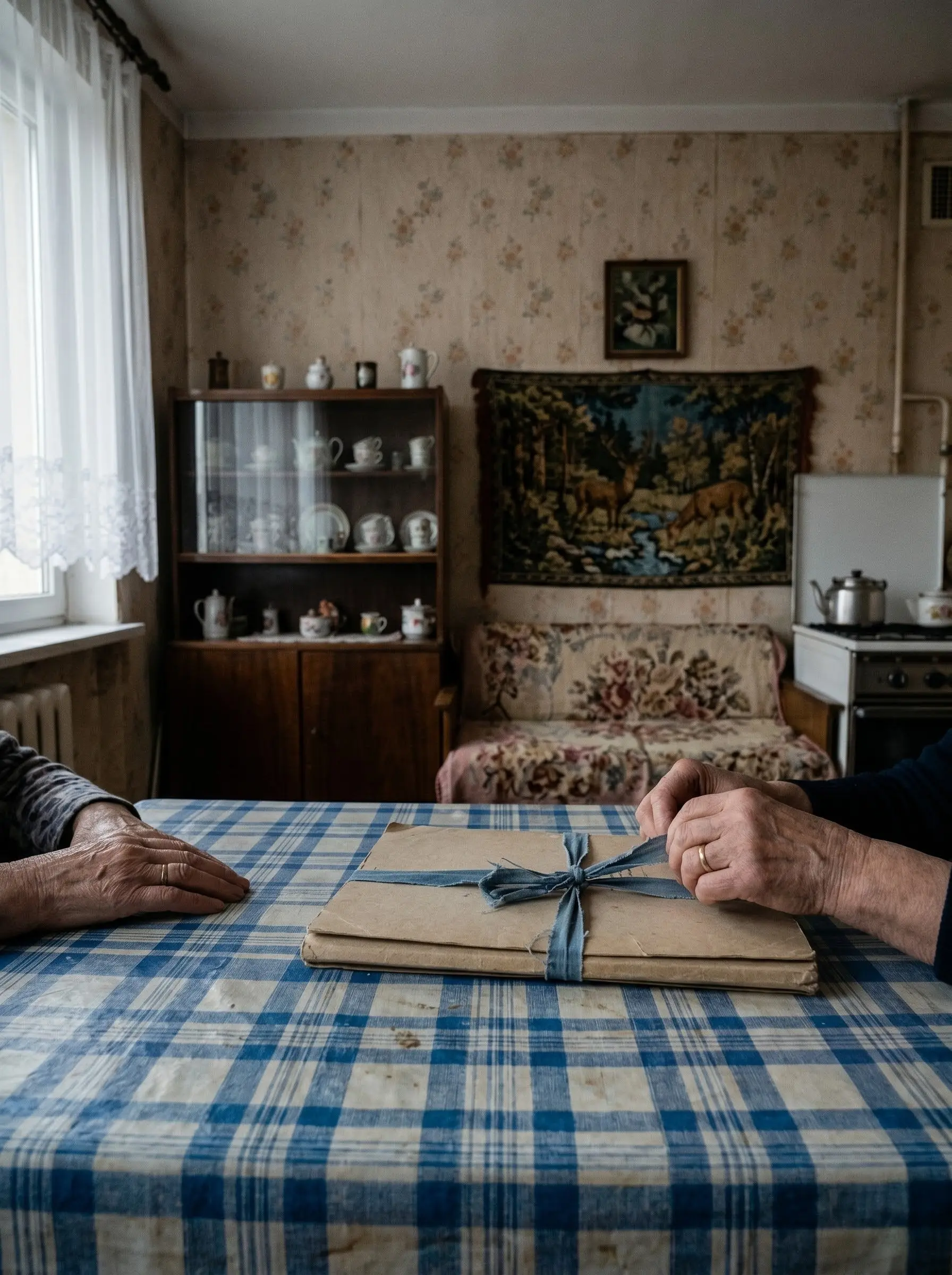 Stara zawiązana teczka na ceracie w mieszkaniu po matce, popołudniowe światło, w tle kredens i makatka.
