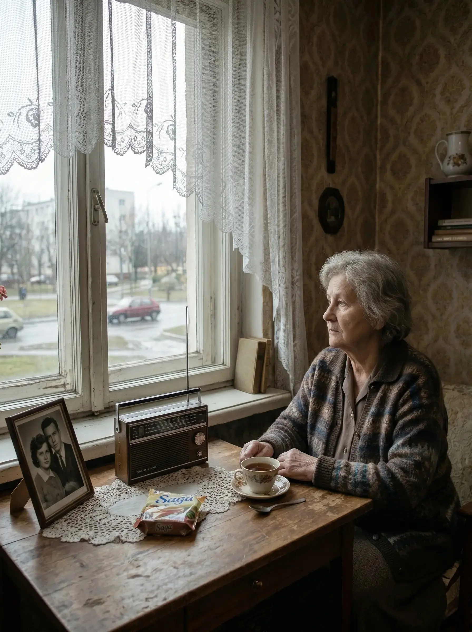Mokotów, wnętrze starej kamienicy, zachodzące słońce w oknie. Ilustracja wygenerowana przez AI.